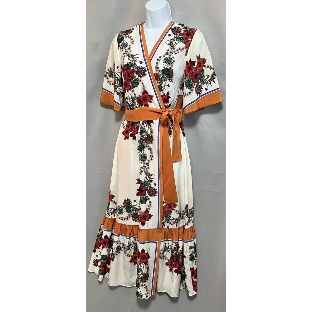 Ladies Sandro 100% Silk Floral Wrap Dress Kimono Midi Size Eu 36 UK 8 - Picture 1 of 16